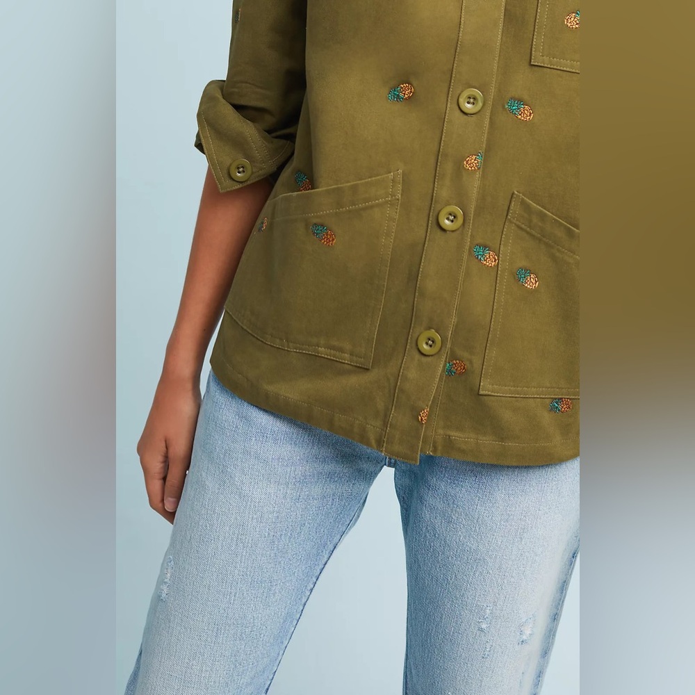 ENGLISH FACTORY Pineapple Printed Embroidered Jacket Olive Green Cotton Canvas S - Picture 3 of 13